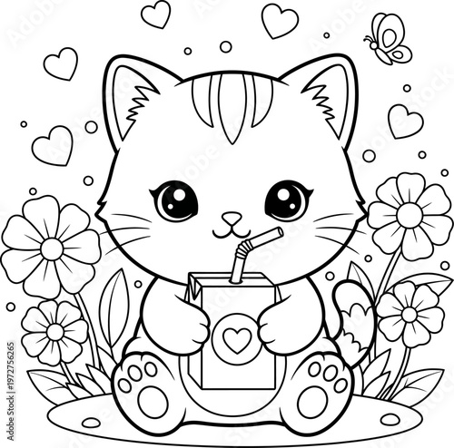 Cute cartoon cat sitting with flowers and drinking juice from a straw box