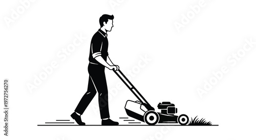 A man is depicted mowing a lawn with a push mower showcasing a striking black silhouette high quality professional detailed modern