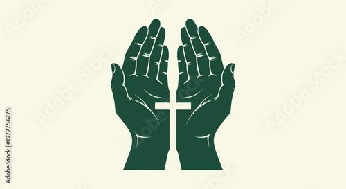Minimalist Green Praying Hands and Christian Cross Symbol Illustration for Religious Faith Design