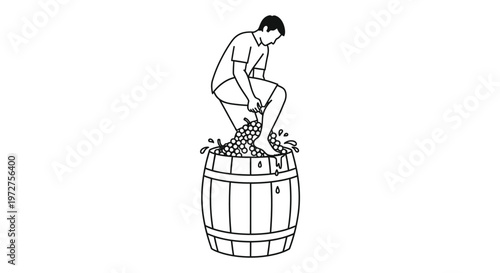 A man traditionally crushes grapes in a wooden barrel using his feet depicted as a stark silhouette high quality professional detailed