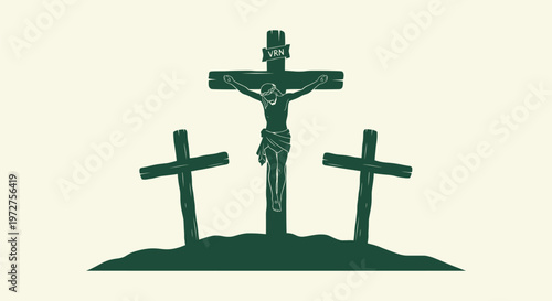 Religious silhouette illustration of Jesus Christ crucifixion on the cross at Calvary hill scene.