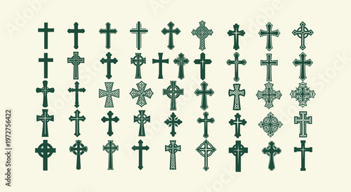 Collection of Various Christian Cross Symbols and Celtic Crucifix Icons for Religious Graphic Design