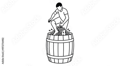 A man squats atop a wooden barrel filled with spherical objects in a striking silhouette high quality professional detailed modern elegant