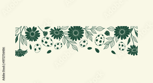 Green floral border with hand-drawn daisies and spotted eggs for Easter and spring nature design.