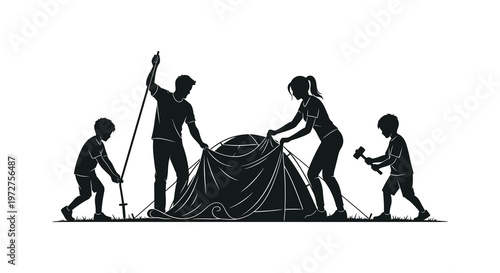 A family collaboratively erects a camping tent outdoors showcasing teamwork and leisure presented as a silhouette high quality professional detailed modern