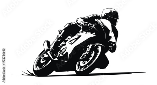 A dynamic black and white illustration of a motorcyclist leaning into a turn captured in striking silhouette high quality professional detailed