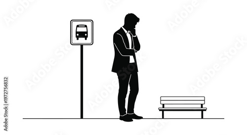 A pensive businessman stands near a bus stop sign appearing thoughtful as he awaits transportation a distinct silhouette high quality