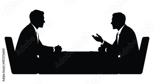 Two business professionals engage in a serious discussion across a table depicted in a stark silhouette high quality professional detailed modern