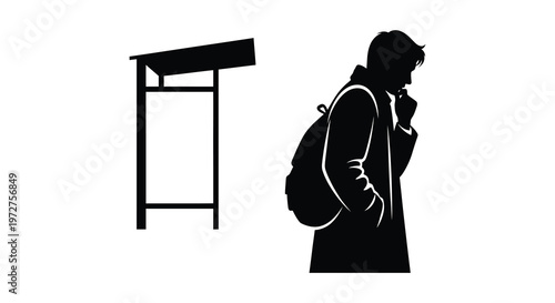 A solitary man waits at a bus stop deep in thought captured as a striking black silhouette high quality professional detailed