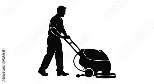 A stark black silhouette depicts a man operating a floor scrubber showcasing a clean and efficient work scene silhouette high quality