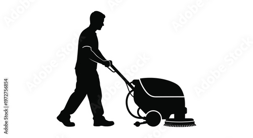 A solitary figure operates a floor scrubbing machine depicted as a stark black silhouette high quality professional detailed modern elegant stylish