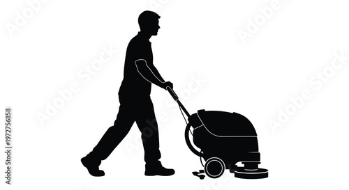 A man pushes a floor scrubber in a stark black silhouette illustrating cleaning tasks and maintenance work silhouette high quality professional