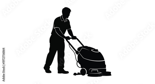 A man is depicted pushing a commercial floor cleaning machine rendered as a stark black silhouette high quality professional detailed modern