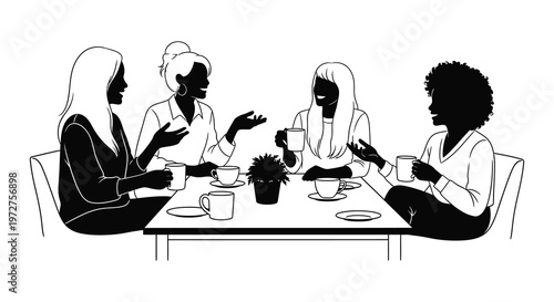 Four women are seated at a table enjoying coffee and conversation depicted in a striking silhouette high quality professional detailed modern