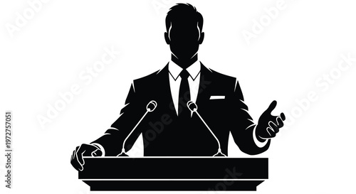 A sharply dressed man delivers a speech at a podium gesturing with his hand a striking silhouette high quality professional detailed