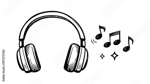 Minimalist hand-drawn vector illustration of over-ear headphones with musical notes, black line art icon on white background, ideal for music, audio, podcast, and entertainment graphic design.