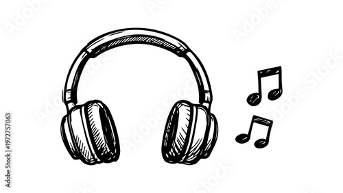 Minimalist black line vector icon of over-ear headphones with musical notes on a white background. Hand-drawn sketch style illustration for audio, music, podcasting, and sound design projects.