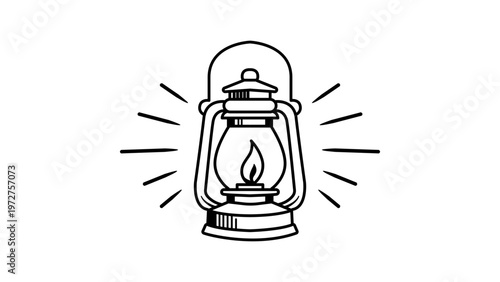 Minimalist black line vector icon of an old-fashioned lantern with a glowing flame, hand-drawn outline illustration on a white background, perfect for camping, vintage, and lighting projects.