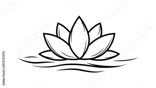 Minimalist black line vector icon illustration of an open lotus flower floating on water ripples, hand-drawn sketch style on white background, ideal for yoga, zen, meditation, and wellness designs.