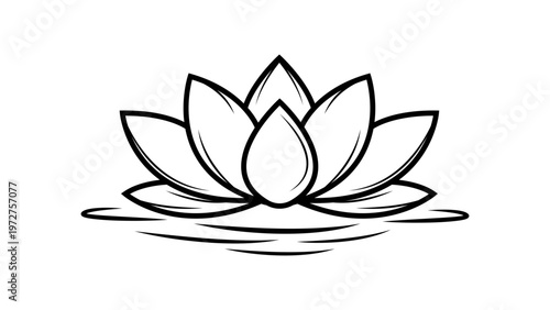 Minimalist black line vector icon illustration of an open lotus flower floating on water, hand-drawn style on a white background, perfect for yoga, meditation, wellness, spa, and zen branding.