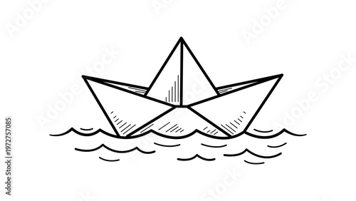 Minimalist black line vector icon of a hand-drawn paper boat floating on water waves, isolated on a white background. Scalable illustration perfect for web design, logo, or creative art projects.