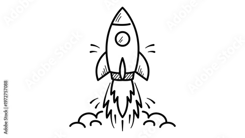 Rocket launch minimalist black line vector icon on a white background. Hand-drawn doodle illustration of a spaceship taking off with smoke and fire. Scalable SVG graphic for startup and business.