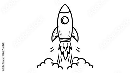 Minimalist black line vector icon of a rocket launching upwards with smoke clouds. Hand-drawn outline illustration on white background, representing startup, business growth, and space exploration.