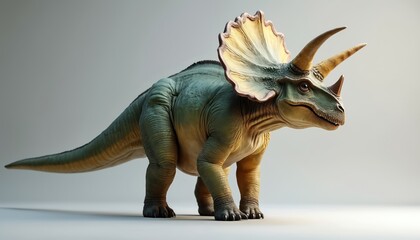 Green triceratops dinosaur stands in profile against light grey background. This large horned herbivore shows detailed skin texture and vibrant colors. It is a realistic ancient creature.