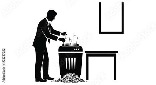 A businessman in a suit destructively shreds documents into a wastebasket depicting office frustration silhouette high quality professional detailed modern elegant