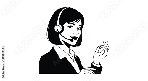 A striking black and white illustration depicts a woman wearing a headset gesturing with her hand silhouette high quality professional detailed modern elegant