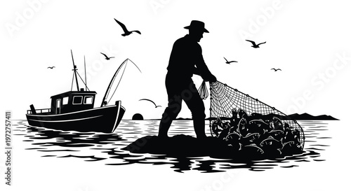 A fisherman stands with a full net on a rocky shore alongside a boat and flying birds a striking silhouette