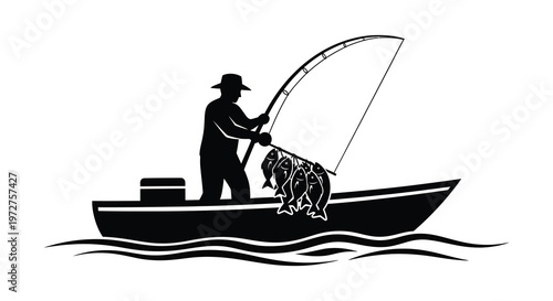 A fisherman in a small boat with a successful catch depicted in a striking black silhouette high quality professional detailed modern