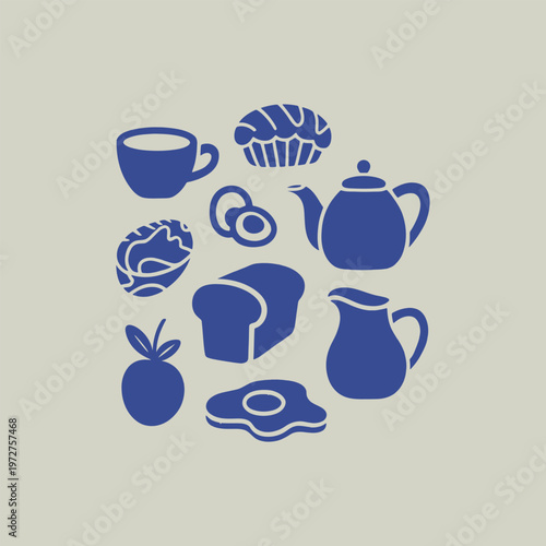 Blue food icons collection featuring breakfast and drinks