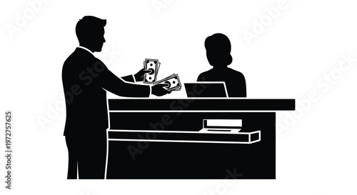 A man handing money to a receptionist at a counter depicted in a stark black silhouette high quality professional detailed modern