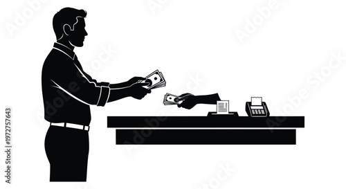 A customer hands cash to a cashier at a counter depicted in a striking black and white silhouette high quality professional