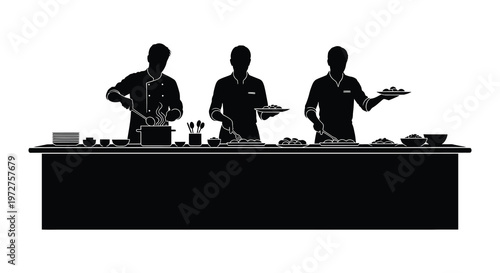 Three chefs preparing food behind a long table displaying dishes with minimalist design black silhouette high quality professional detailed modern elegant