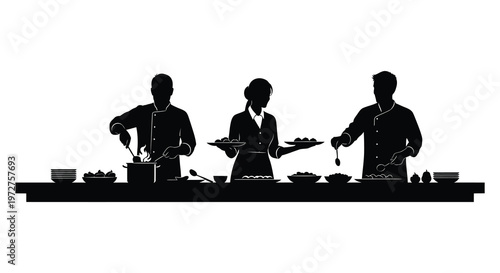 A black silhouette depicts three chefs preparing and presenting food on a counter showcasing a culinary scene silhouette high quality professional