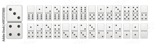 Set of domino tiles and dice pieces in different combinations. White game elements
