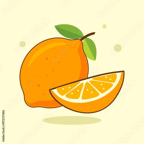 Illustration of fresh orange fruit with slice. Symbol of healthy nutrition, citrus freshness and natural vitamin food