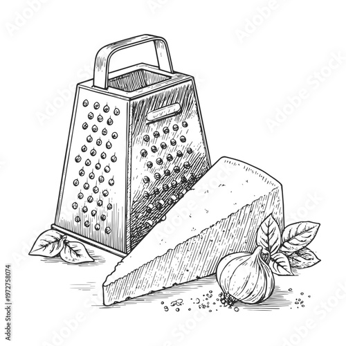 Vintage cheese grater vector illustration in black and white. Hand drawn kitchen utensil with parmesan wedge, garlic, basil and spices in engraved retro style .
