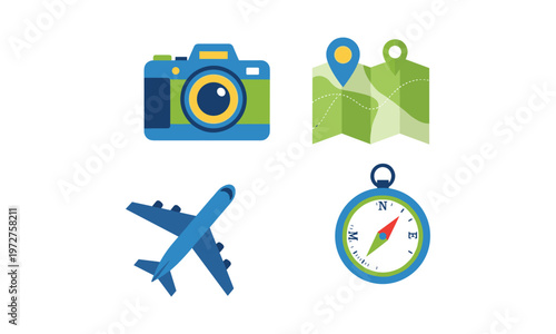 Adventure essentials: travel, exploration, and photography icons