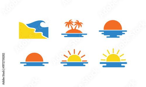 Iconic illustrations of beach and sun-related scenes for a summery theme collection
