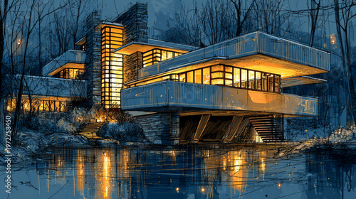 Modern House With Large Windows And Balcony Overlooking Water At Dusk For Architecture And Real Estate Concepts