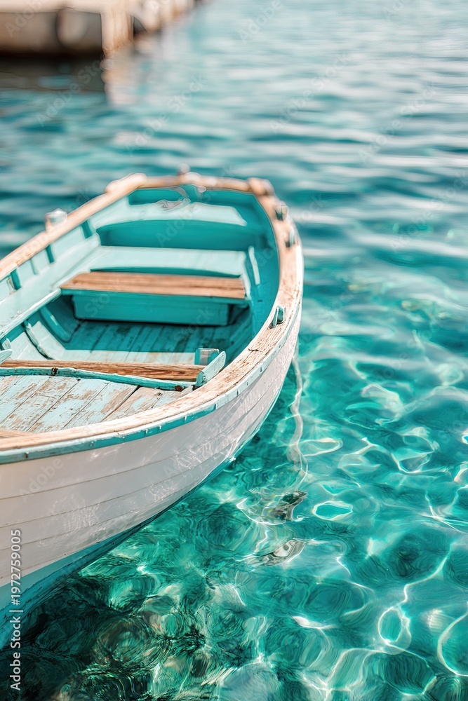 Obraz premium A wooden boat rests in clear turquoise water. The boat is close to a dock. Sunlight shines on the water, creating reflections. This scene is typical of a Greek coastal area