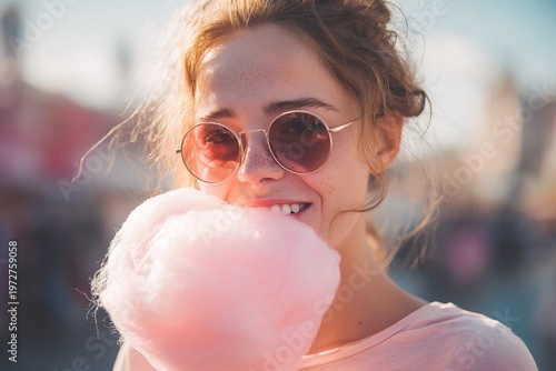 A teenage girl smiles while holding a big fluffy cotton candy. She wears sunglasses and looks happy at a fair. The setting shows a lively atmosphere during the day