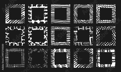 Fifteen wide square frames with freehand shading. Doodles and squiggles. White on black. Vector set