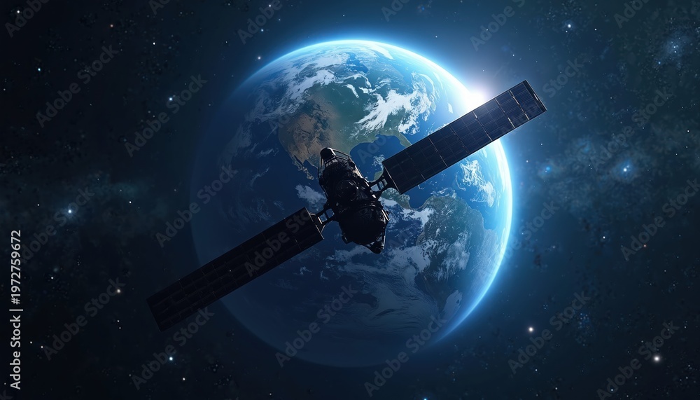Naklejka premium Artificial satellite flies in orbit around planet Earth. Spacecraft has solar panels and antennas for data transmission. Outer space scene shows global communication.