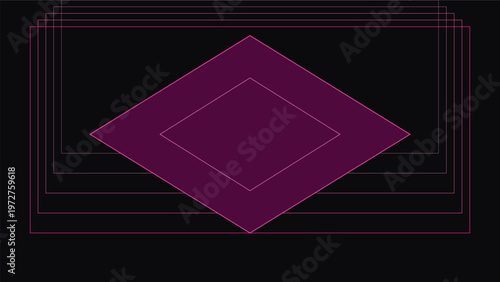 Abstract Geometric Shapes: An abstract arrangement of layered diamond shapes in shades of purple and pink against a deep black background, creating a sense of depth and geometric intrigue.