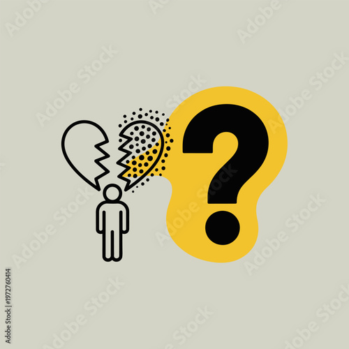 Symbol of broken heart and question mark representing doubt and uncertainty