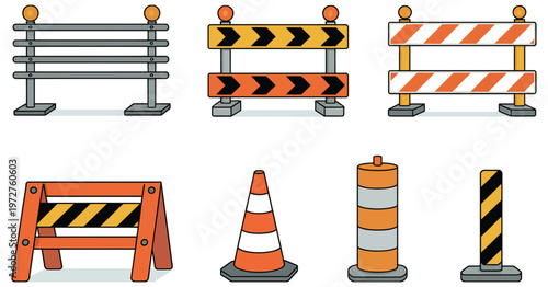Road Construction Safety Barriers Set with Traffic Cones and Warning Barricades, Highway Caution Signs Collection, Roadwork Safety Equipment Vector Illustration Isolated on White